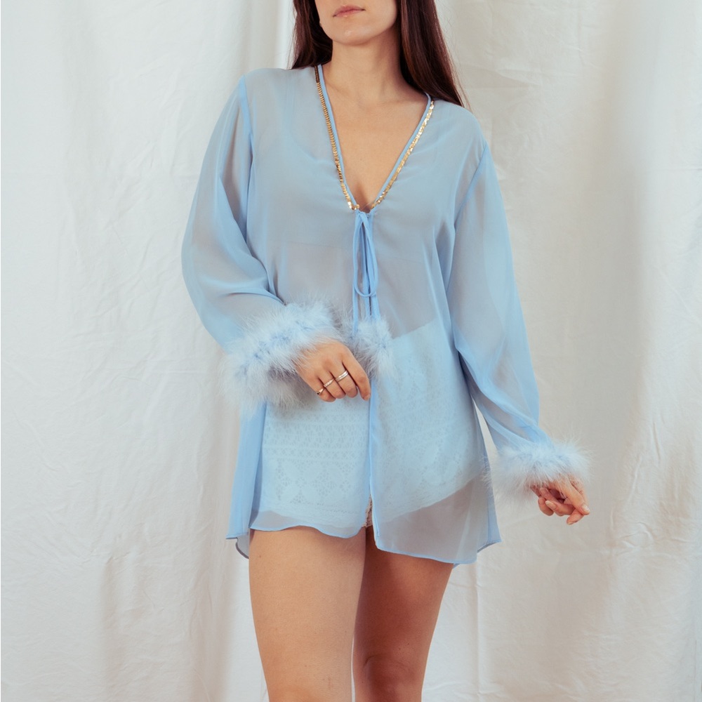 Vintage retro sheer baby blue robe with feather trim sleeves